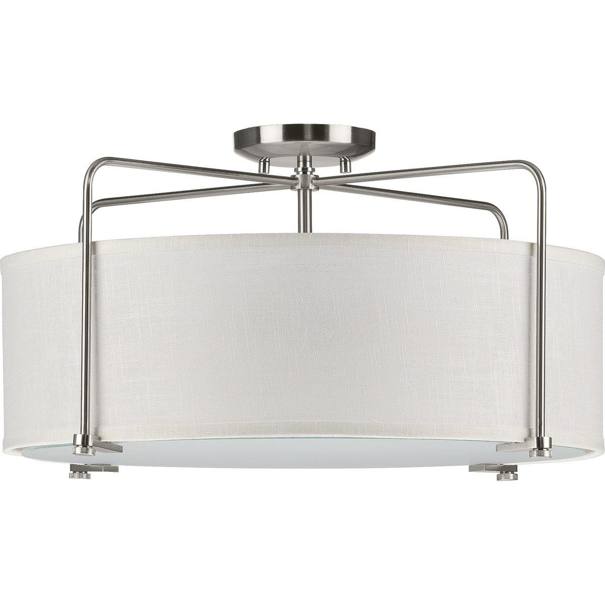 Change 1-Story Foyer Light to P350110-009 Kempsey Three-Light Semi-Flush Brushed Nickel w/A19 Clear Lamps (8ft)